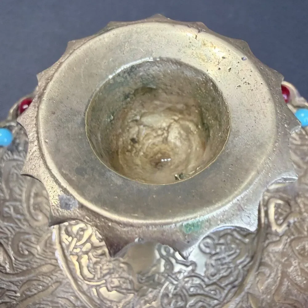 Vintage Damascus Brass Chamberstick Candle Holder Jeweled Turquoise Red Bead 4.5